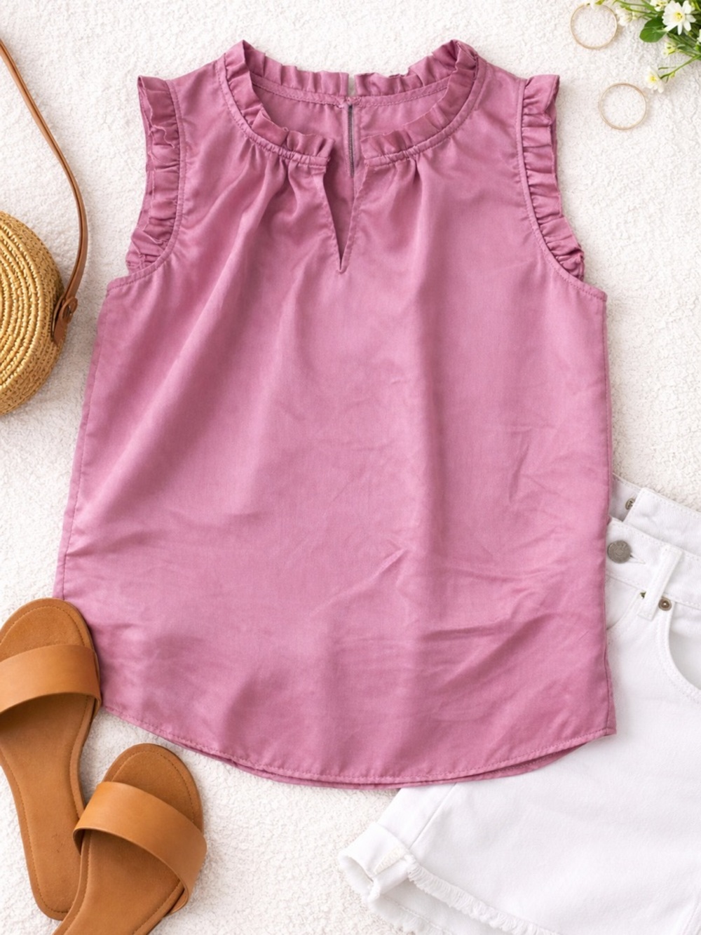 Catherine Malandrino Pink Sleeveless Blouse Ruffle Neck Silky Satin Top L